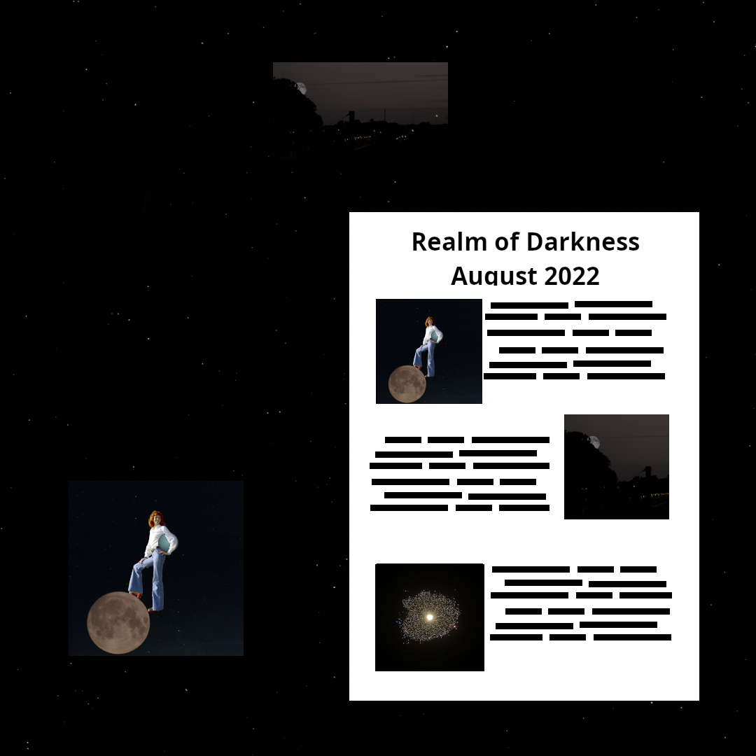 Image of an August 2022 Realm of Darkness article against a starfield, with various astronomical objects