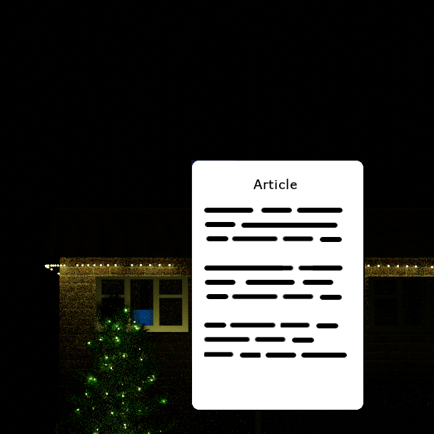 Image of an article against Christmas tree and lit house