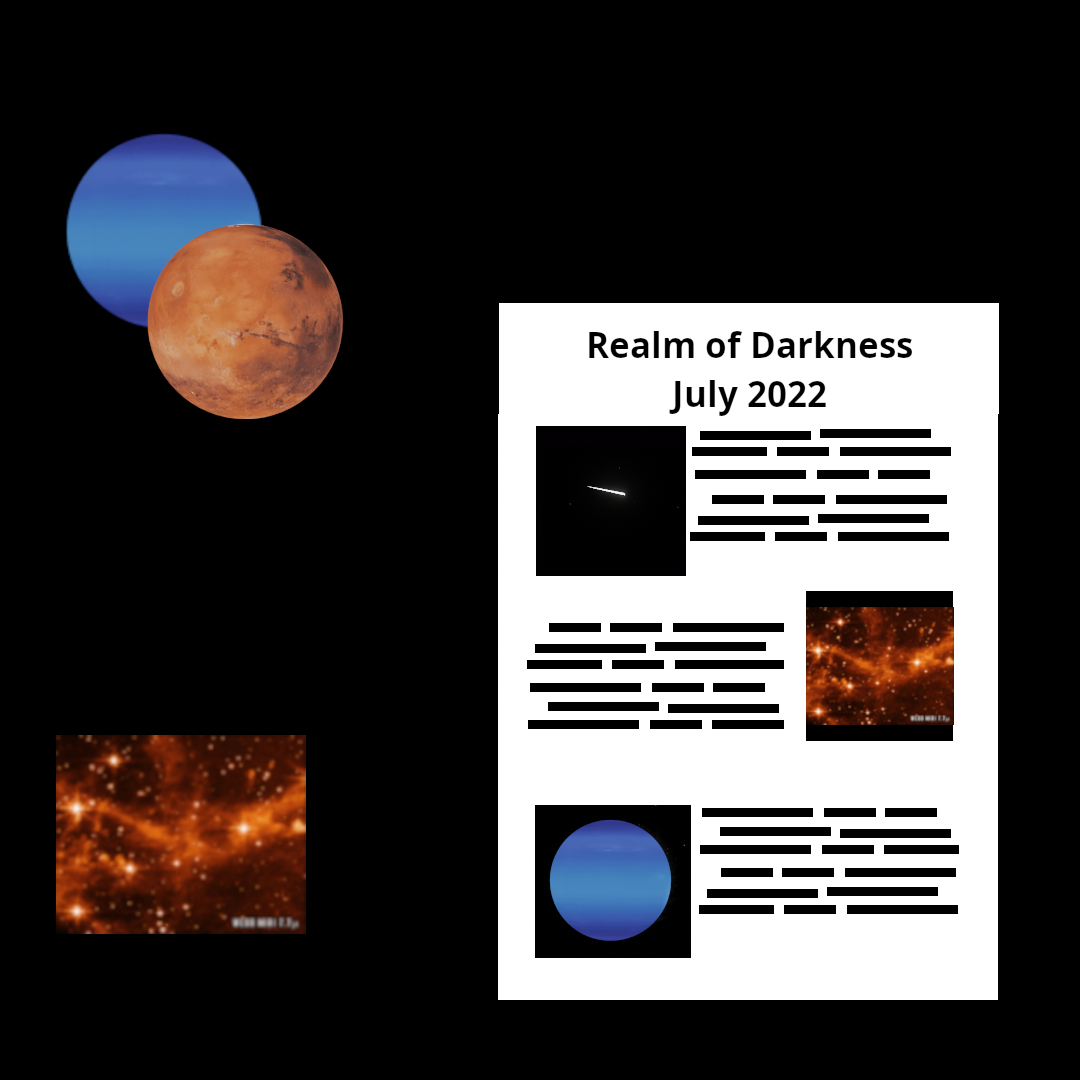 Image of an July 2022 Realm of Darkness article against a starfield, with various astronomical objects
