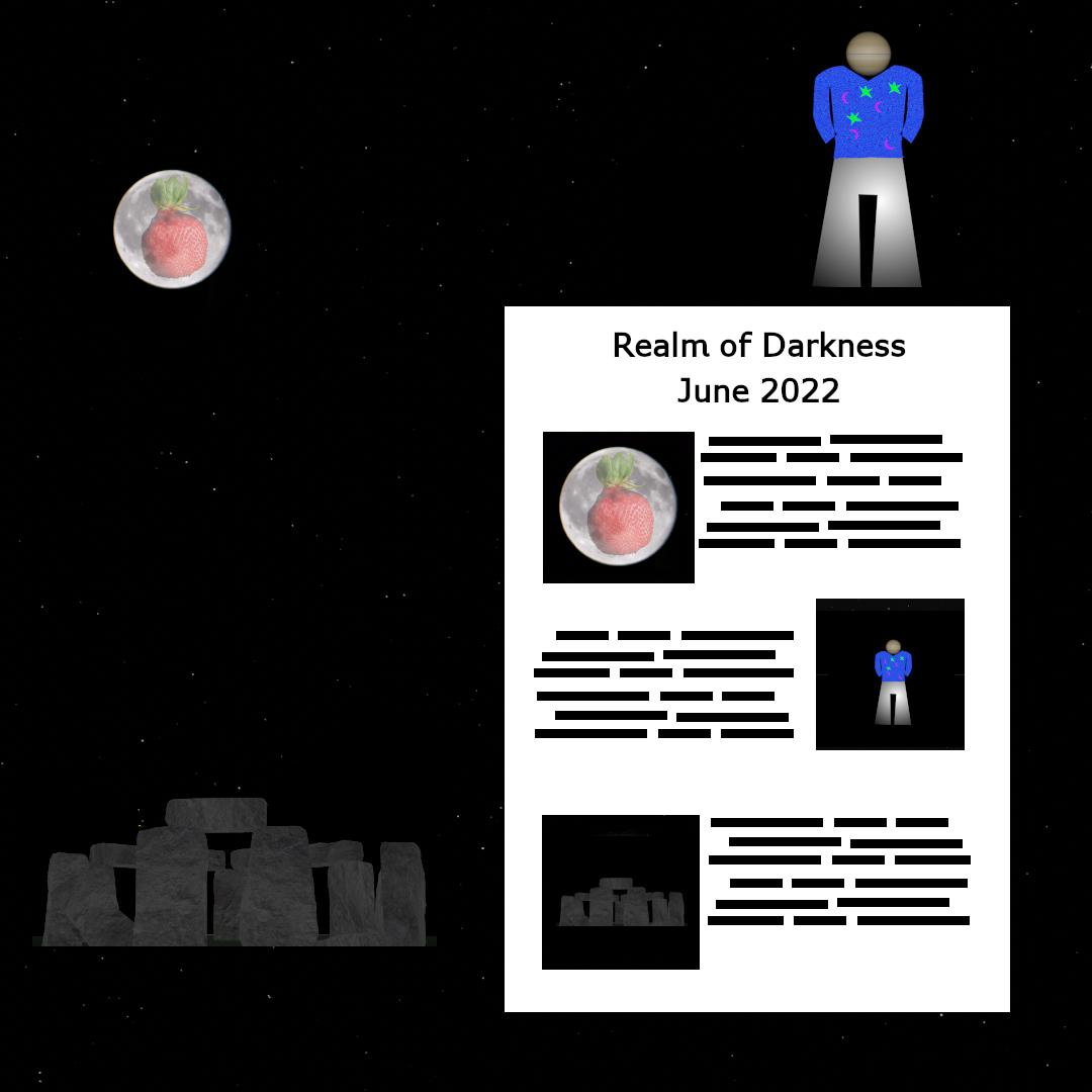 Image of an June 2022 Realm of Darkness article against a starfield, with various astronomical objects