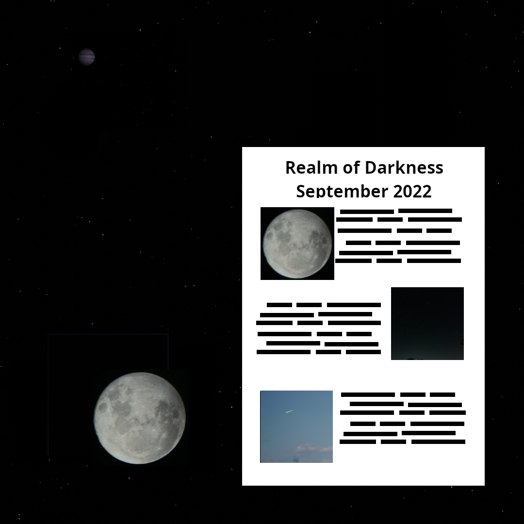 Image of September 2022 Realm of Darkness article against a starfield, with various astronomical objects